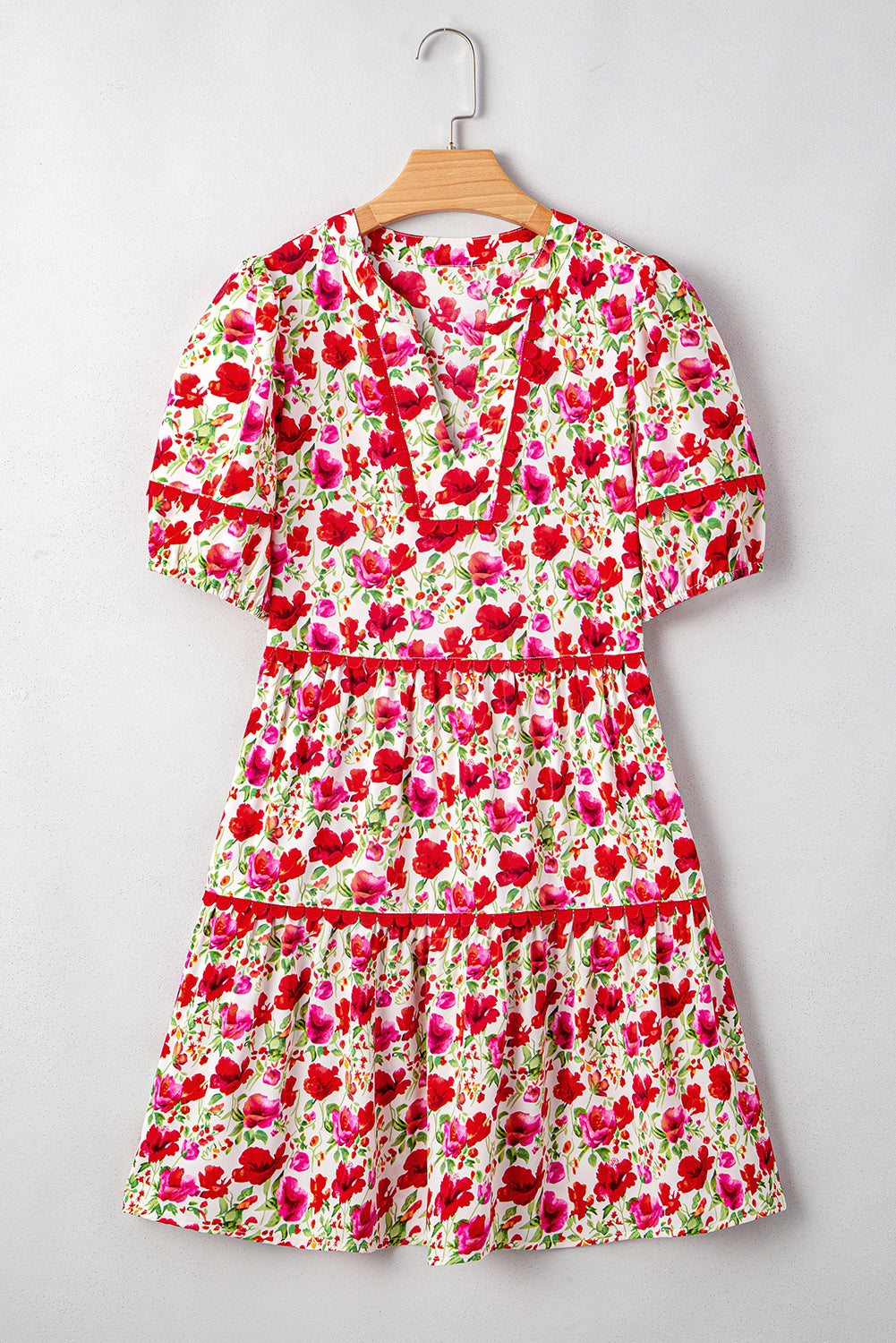 Floral Puff Sleeve Tiered Ric Rac Pocketed Mini Dress
