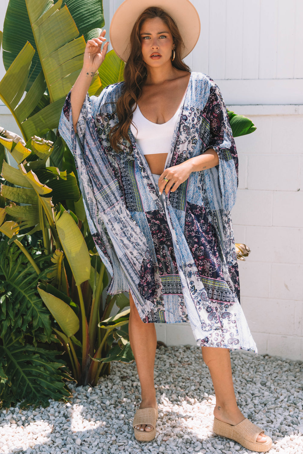 Long Retro Floral-Print Loose Open-Front Kimono in Blue