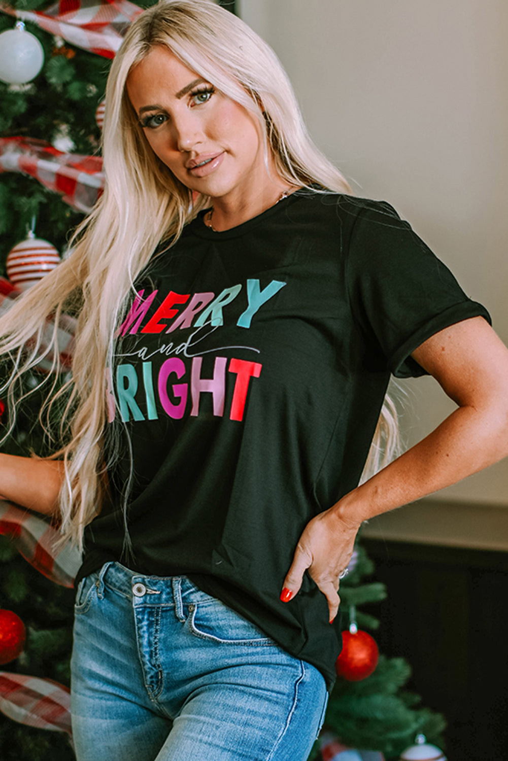 Women's MERRY and BRIGHT Crew Neck Graphic-Print Tee