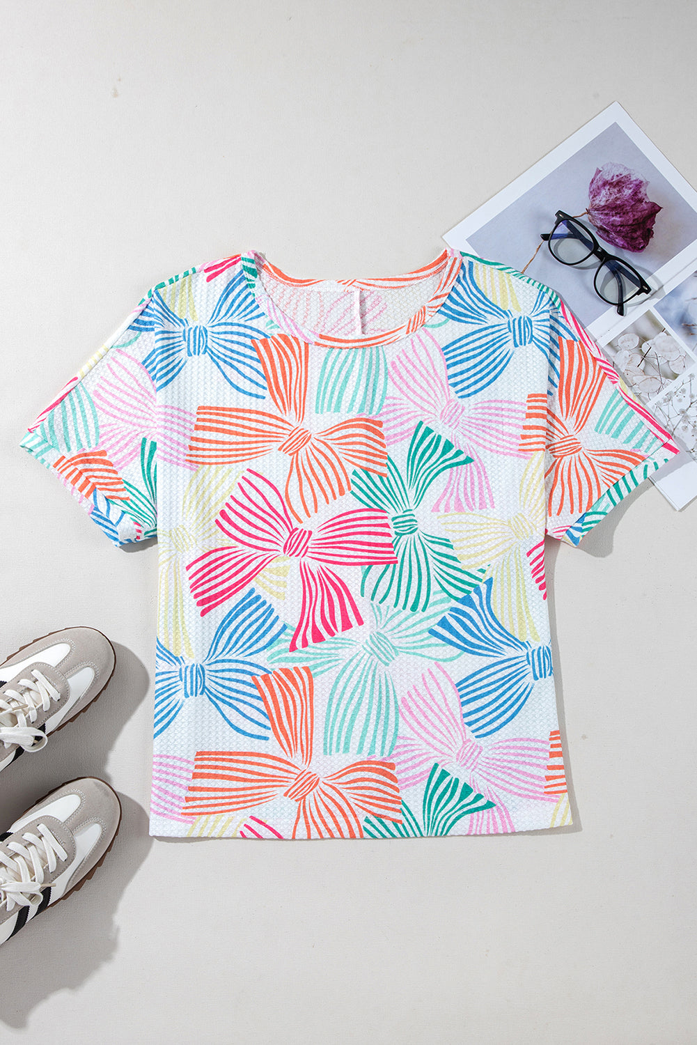 Bowknot Printed Waffle Crewneck Loose Top