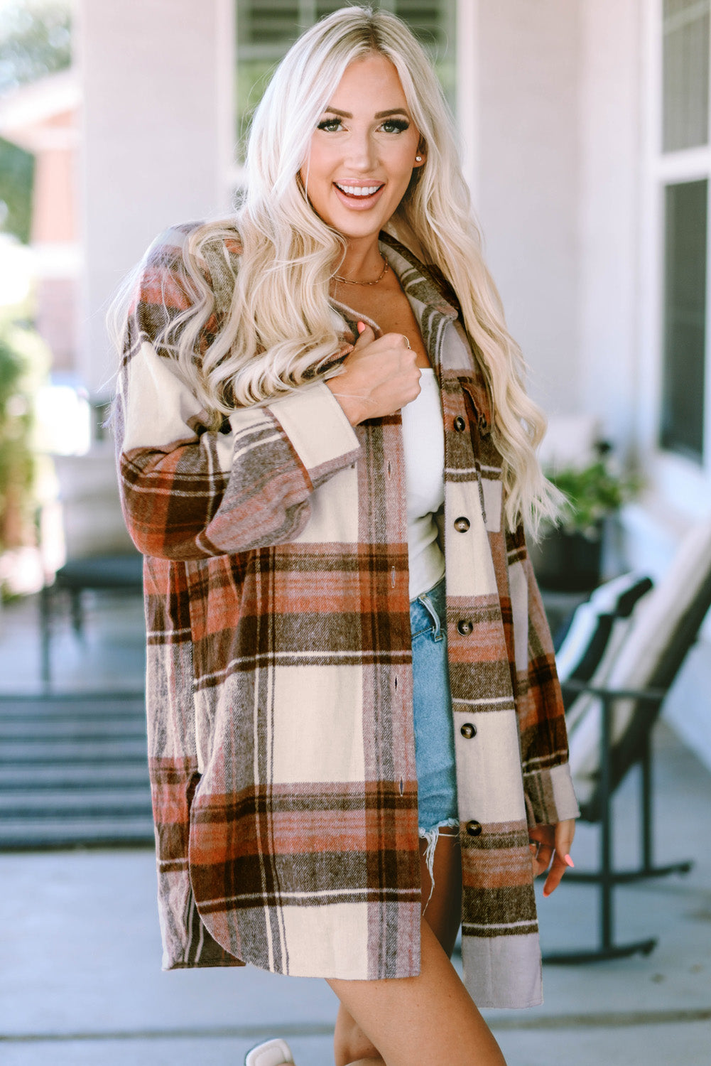 Women's Long Plaid Flap Pockets Shacket
