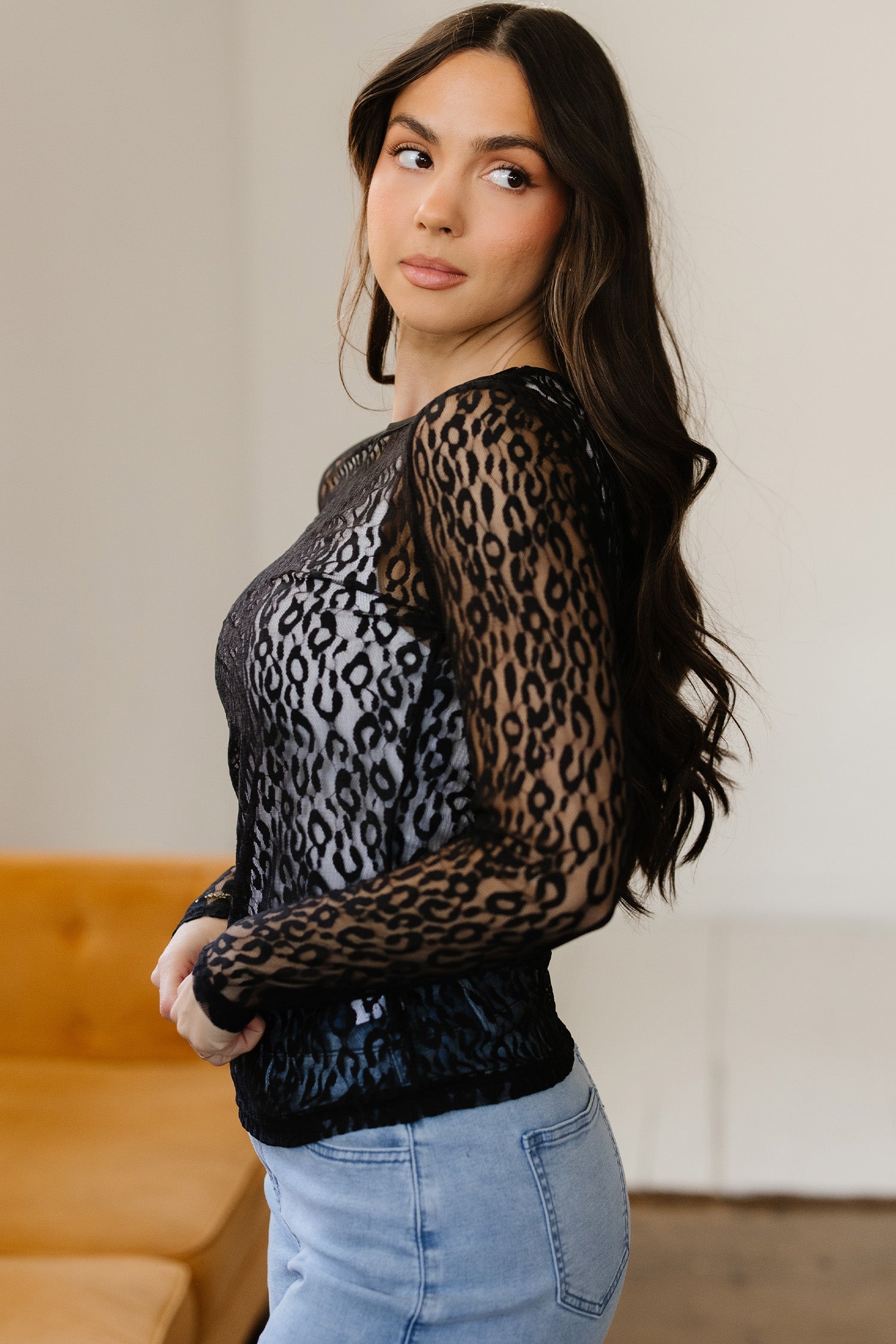 Pattern Sheer Leopard Sheer Mesh Long-Sleeved Top