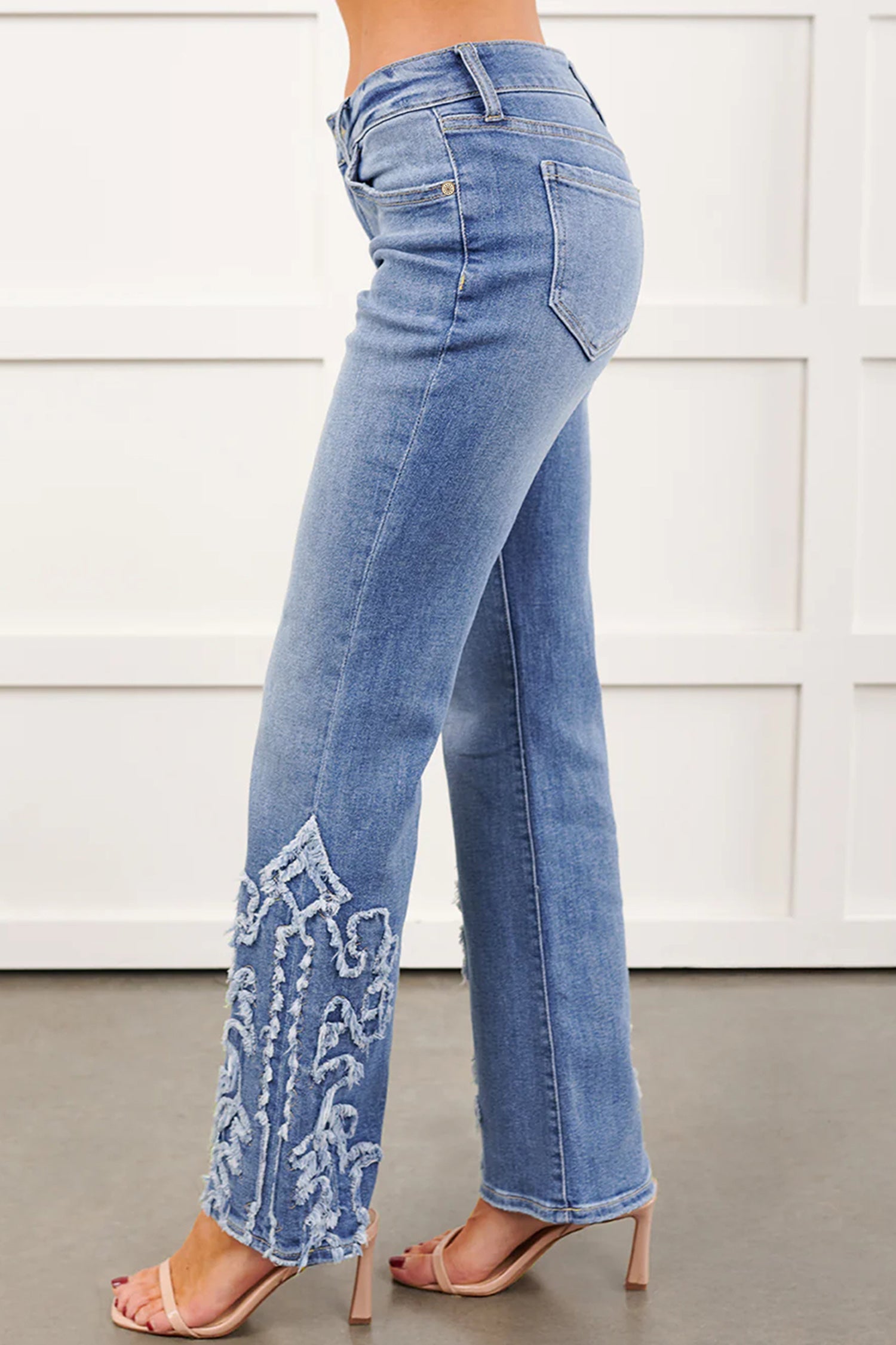 Blue Fashion Ashleigh Embroidered Western Print Flare Leg Full Length Jeans