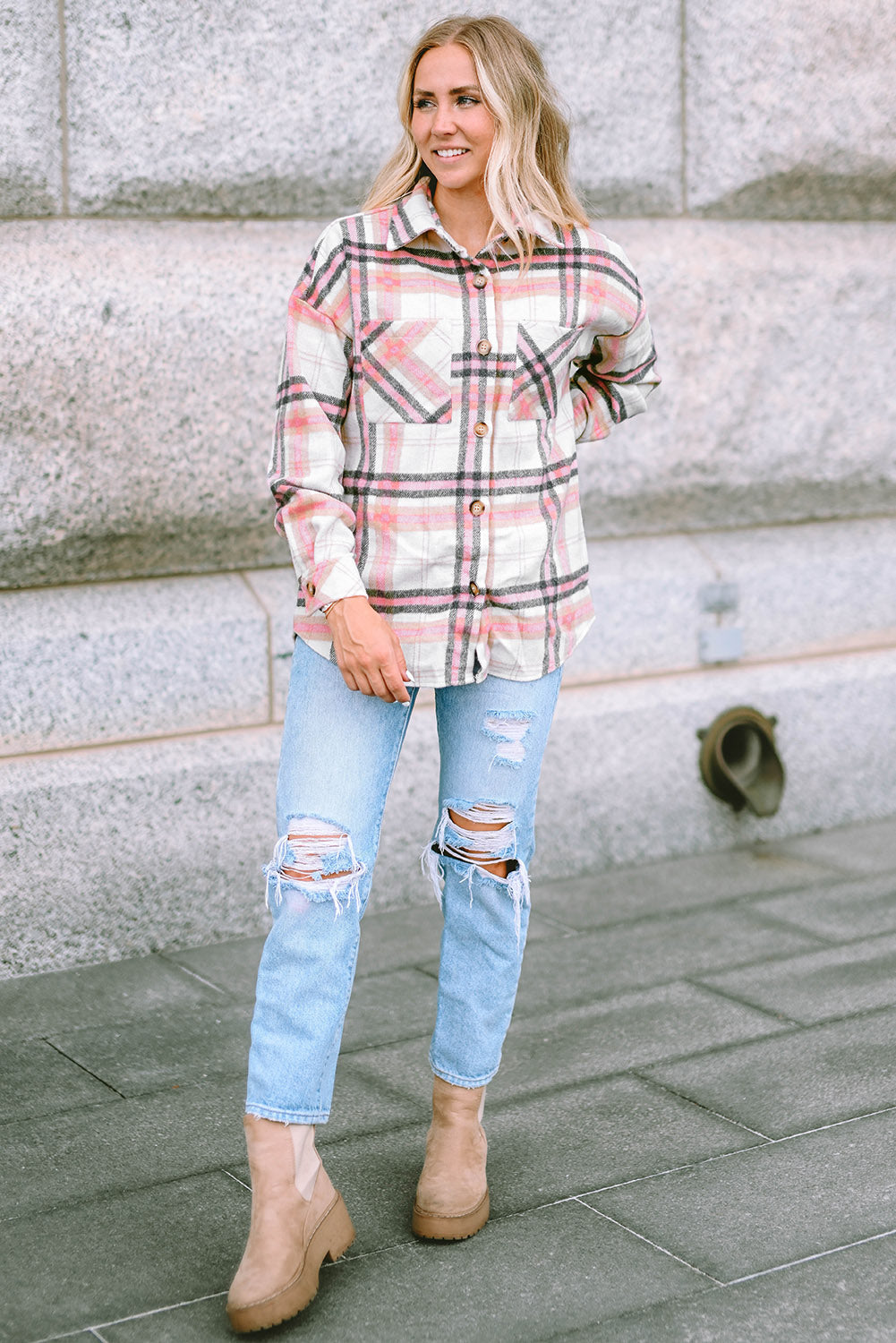 Women's Shacket Featuring Plaid Button Chest Pocket