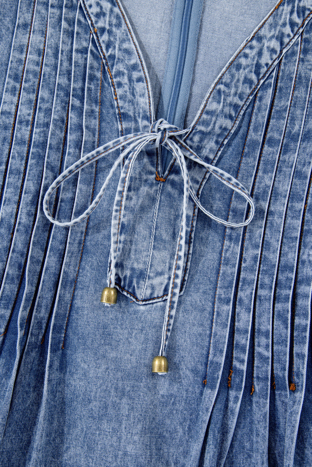 Tie V Neck Tucking Detail Denim Shift Dress