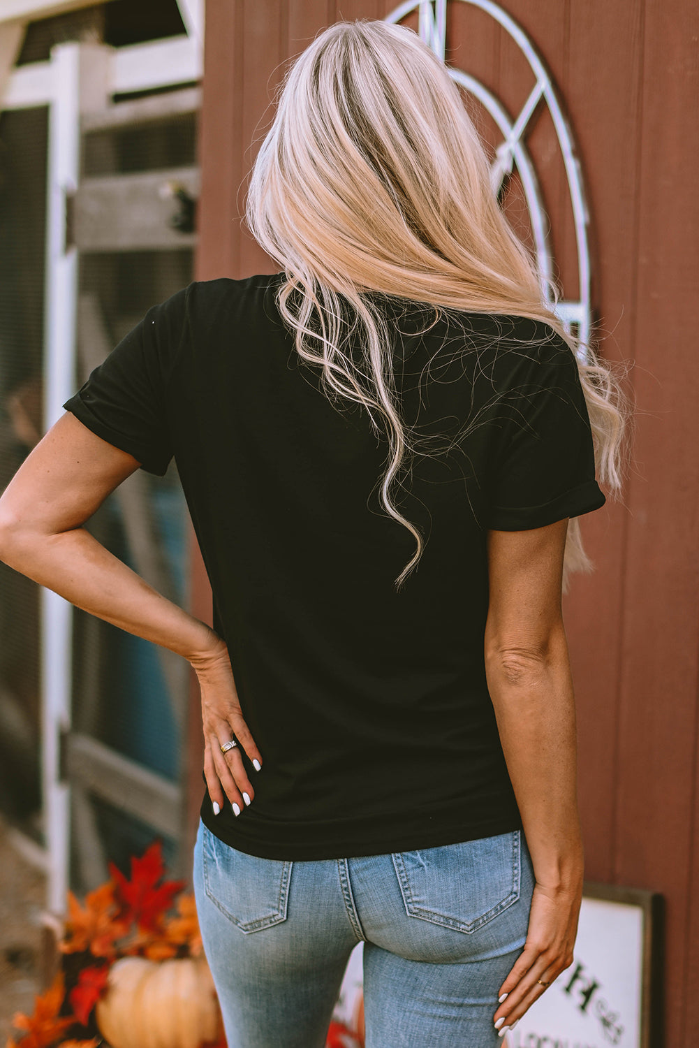 Women's Tee with Halloween Sunflower Pumpkin Graphic-Print
