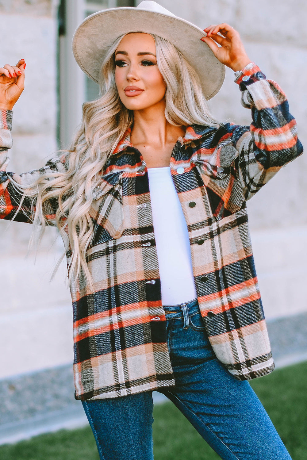 Shacket for Women Pocket-Detail Geometric Plaid