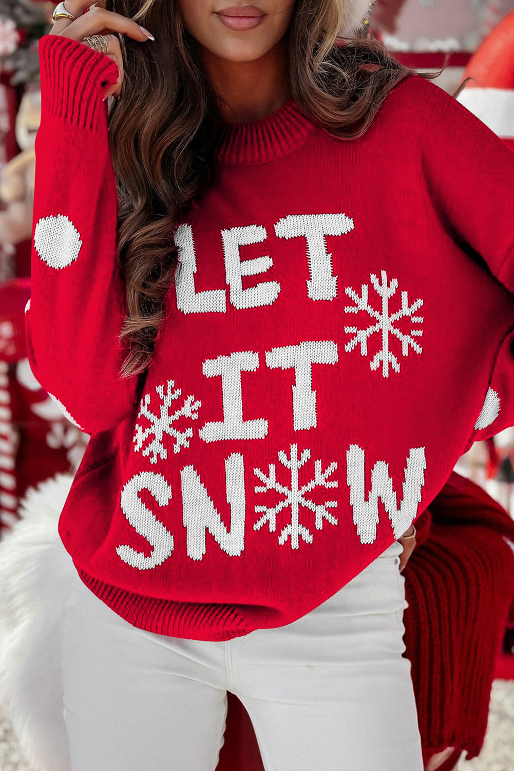 LET IT SNOW Graphic Christmas Holiday Loose Knit Top