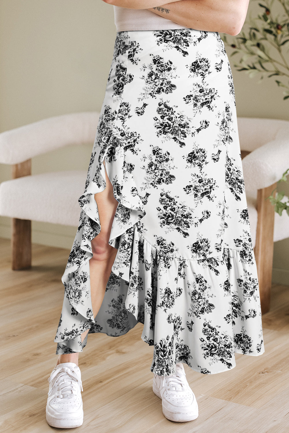 Black High-Waisted Boho Floral Ruffle Split Maxi Skirt in White