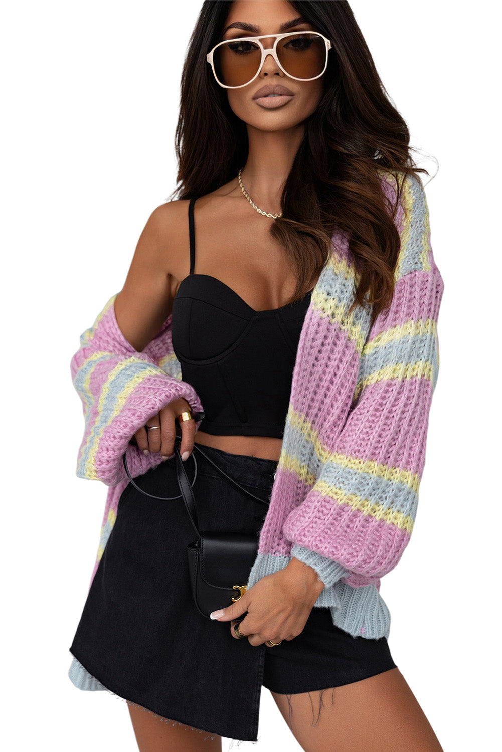 Women's Cable Striped Open Front Cardigan