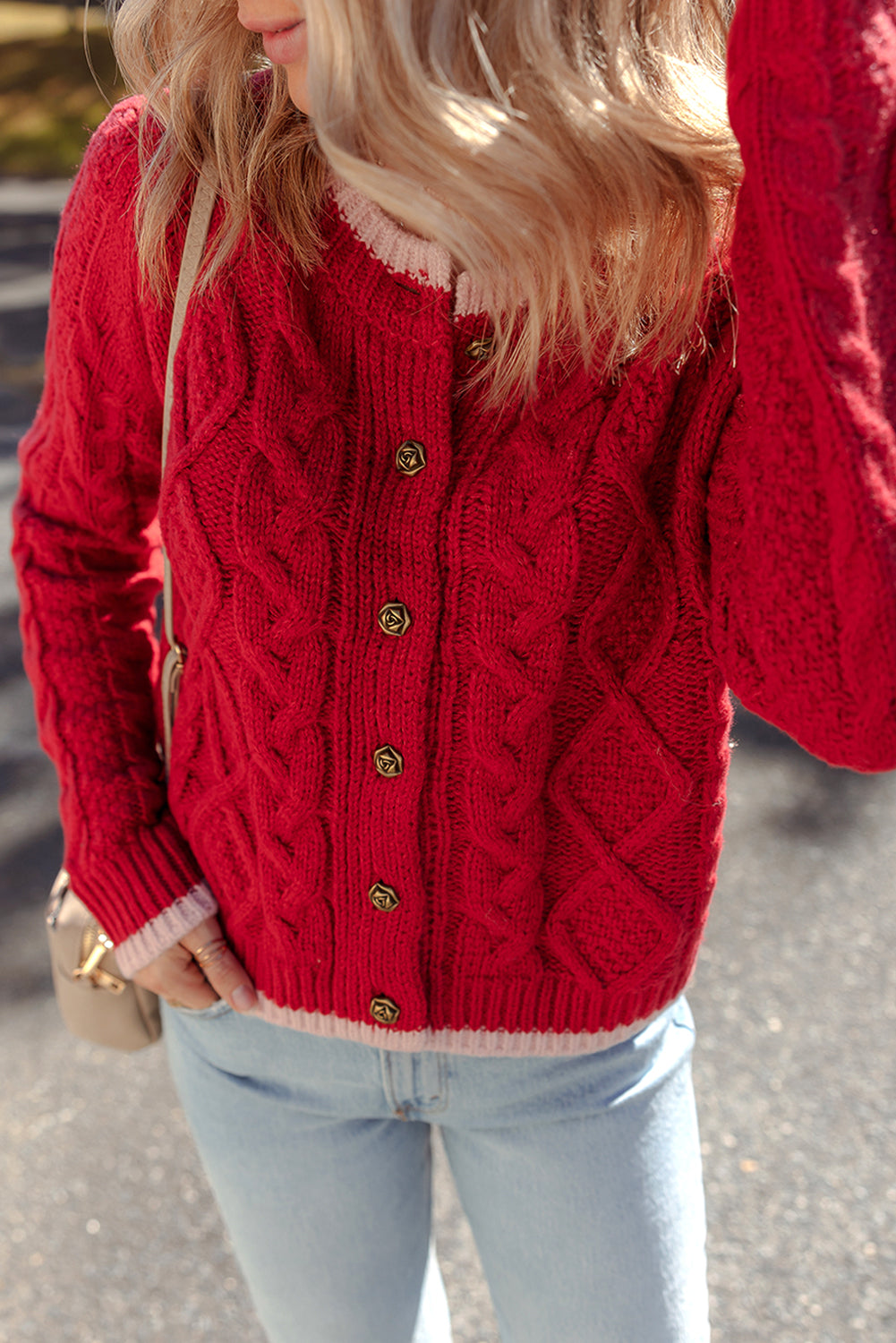 Color Contrast Edge Cable Knit Button-Front Cardigan in Red