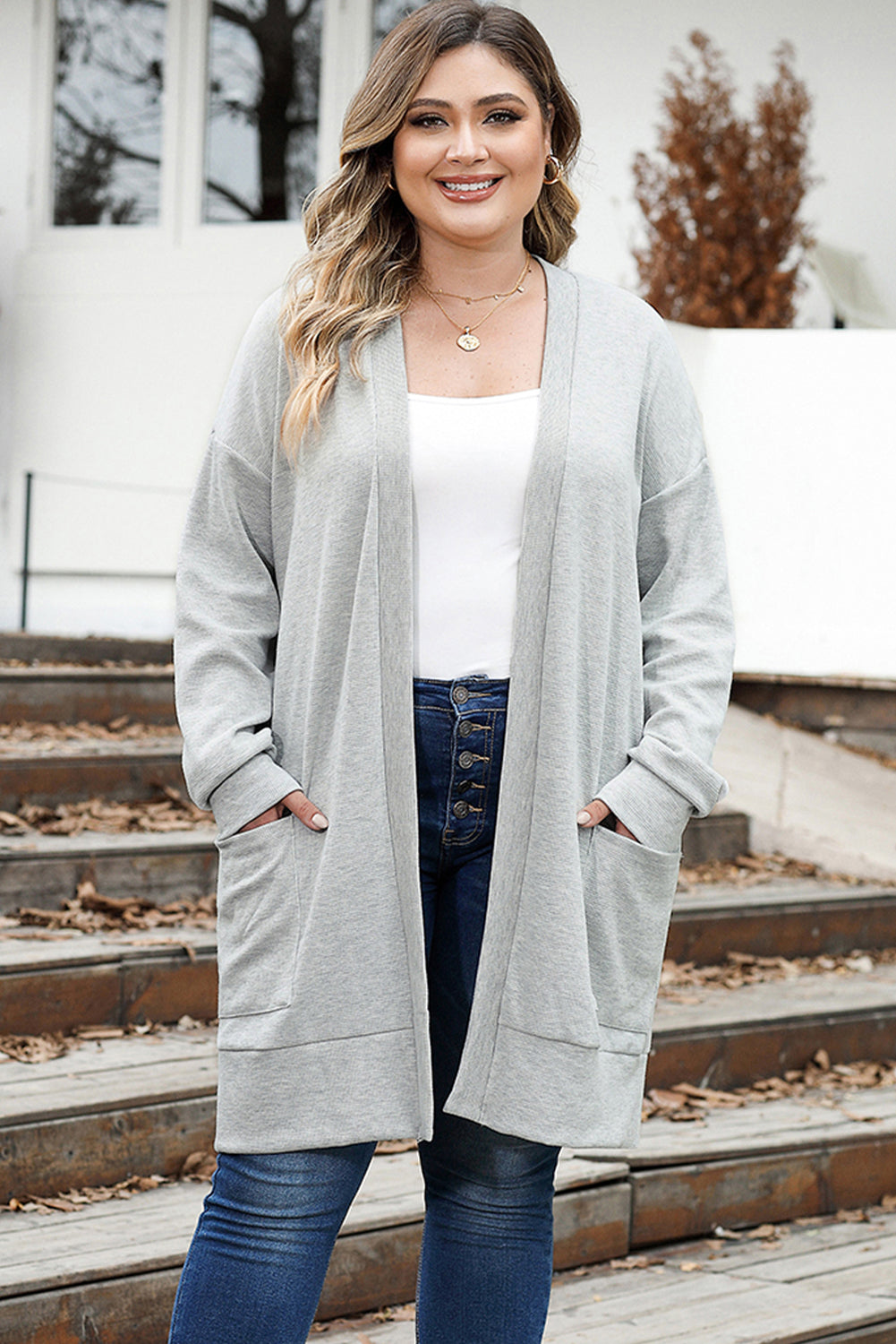 Women's Cardigan Featuring Thermal Knitted Pocket-Detail Plus Size