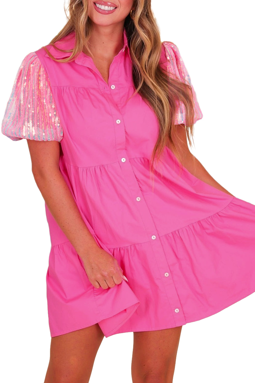 Women's Shirt Dress with Bubble Layered Ruffle-Trimmed