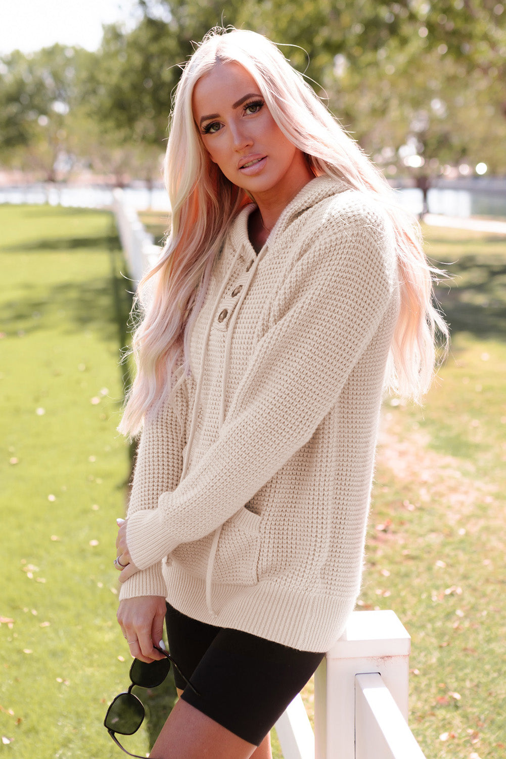 Women's Hooded Sweater with Buttons Waffle Knitted