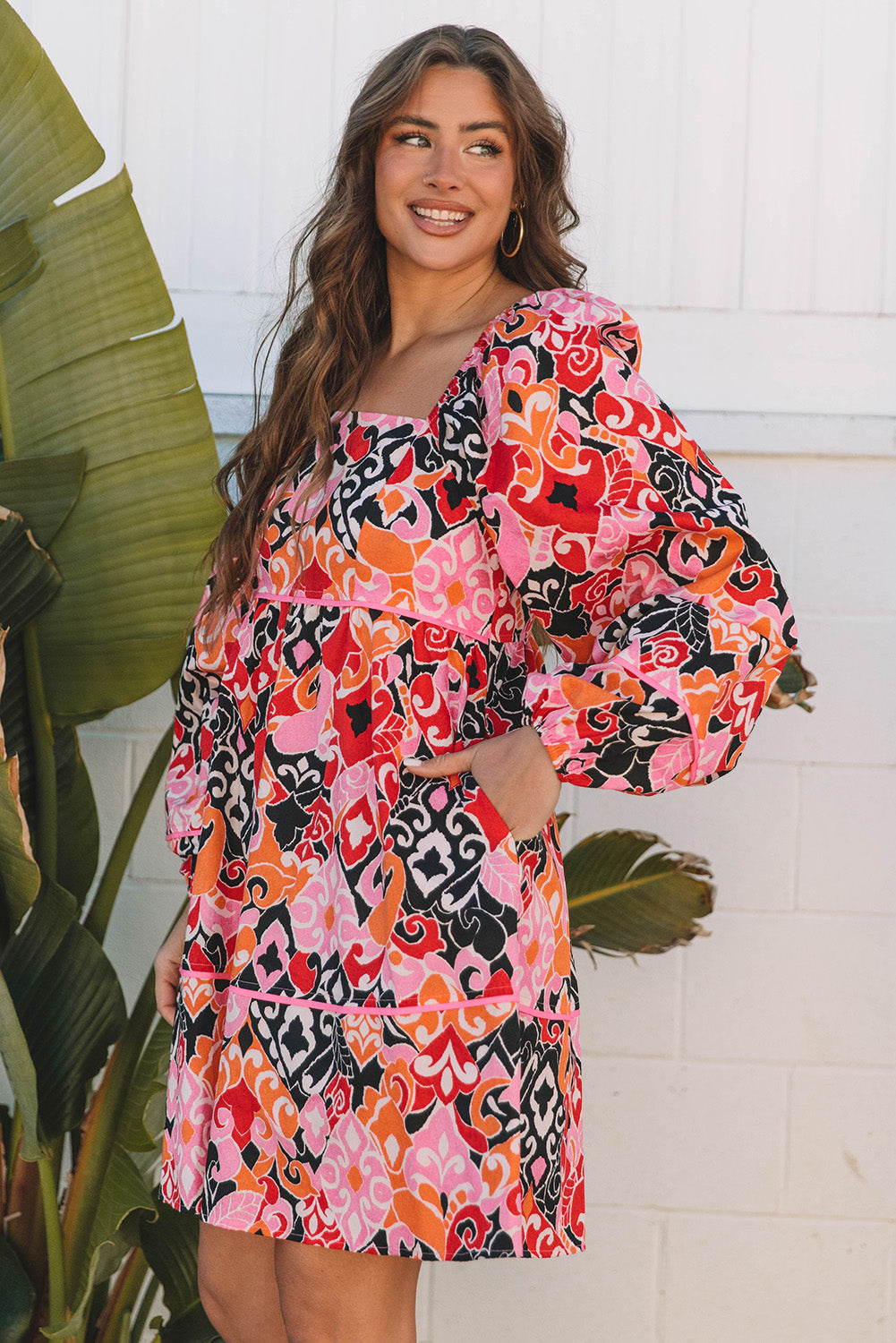 Bohemian Square Neck Puff Sleeve Mini Dress