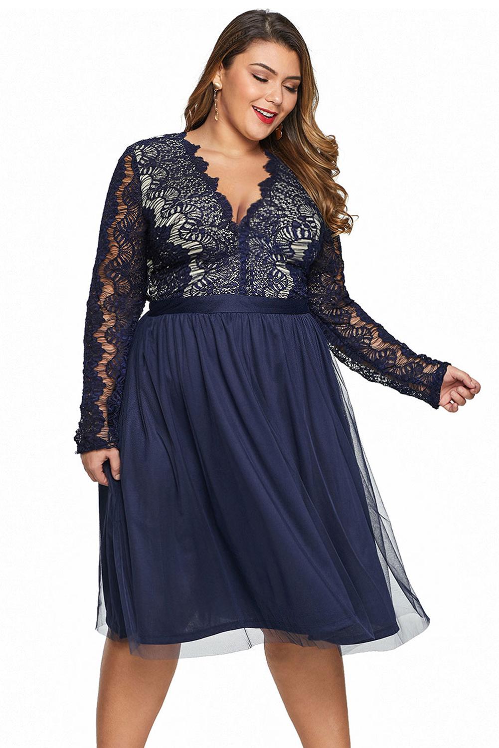 Neck Lace Scalloped Lace Tulle Plus Size Midi Dress in Black