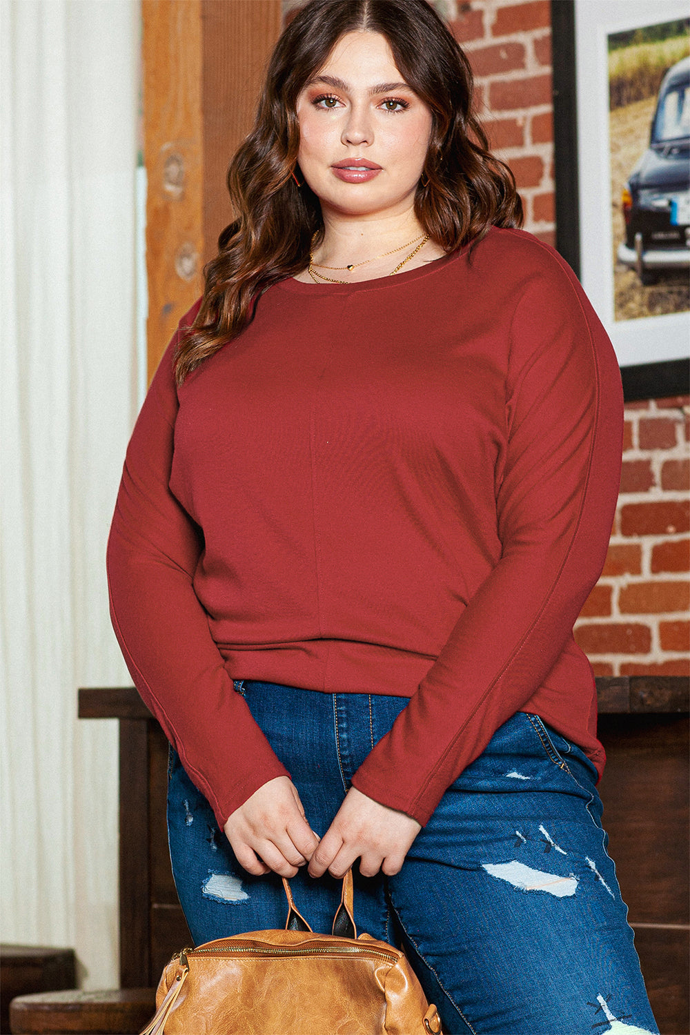 Women's Top Featuring Piping Detail Plus Size Long-Sleeve