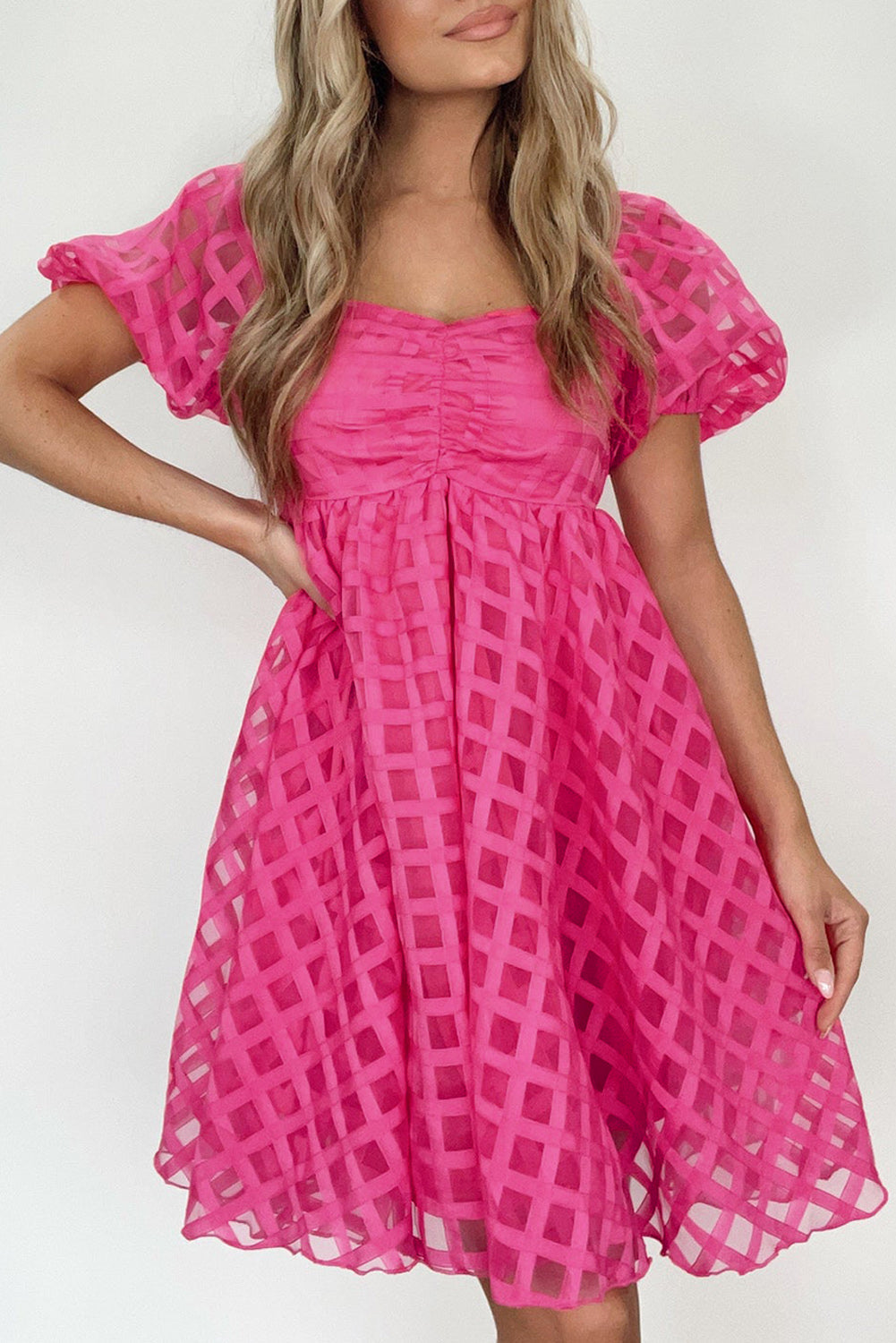 Women's Dress with Checked Balloon Sleeve Babydoll