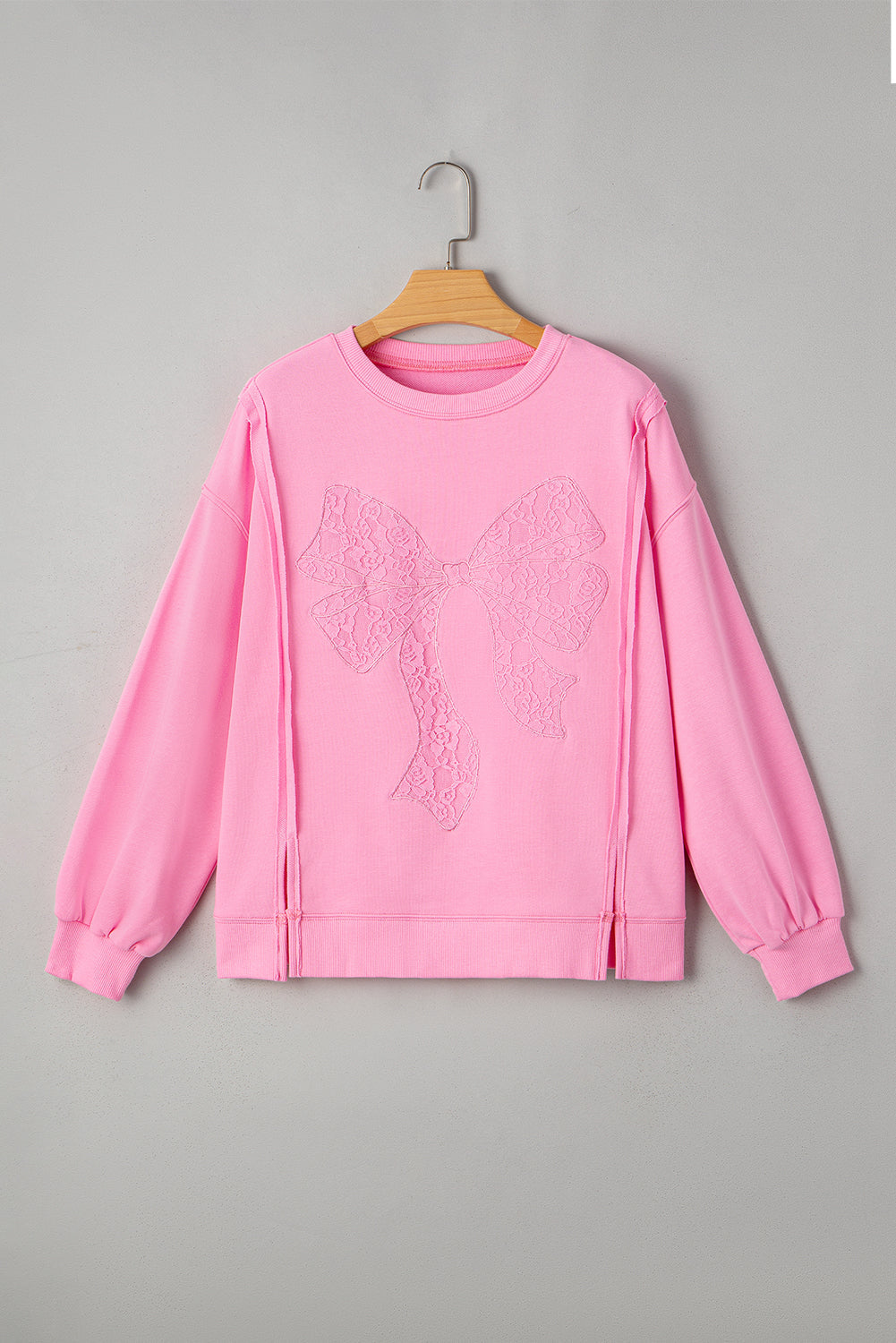 Lace Insert Bow Embroidered Exposed Seam Sweatshirt