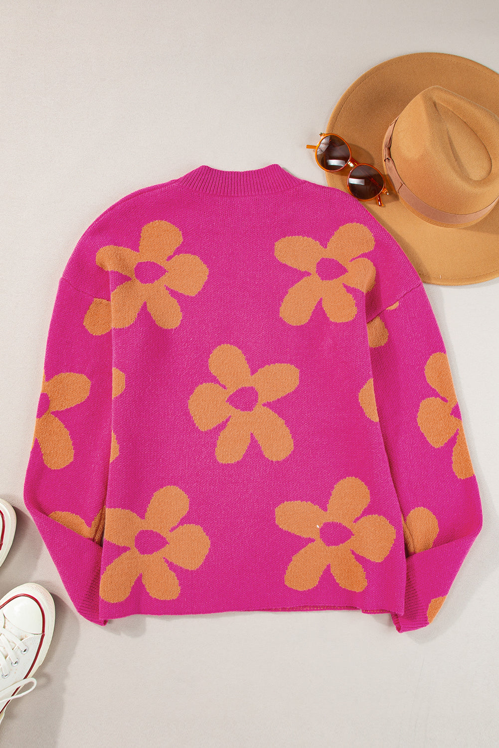 Big Flower Pattern Mock Neck Long Sleeve Sweater