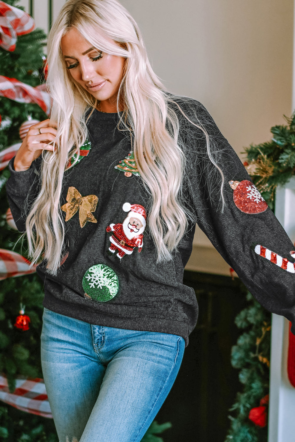 Women's Corded Christmas Graphic-Print Sweatshirt