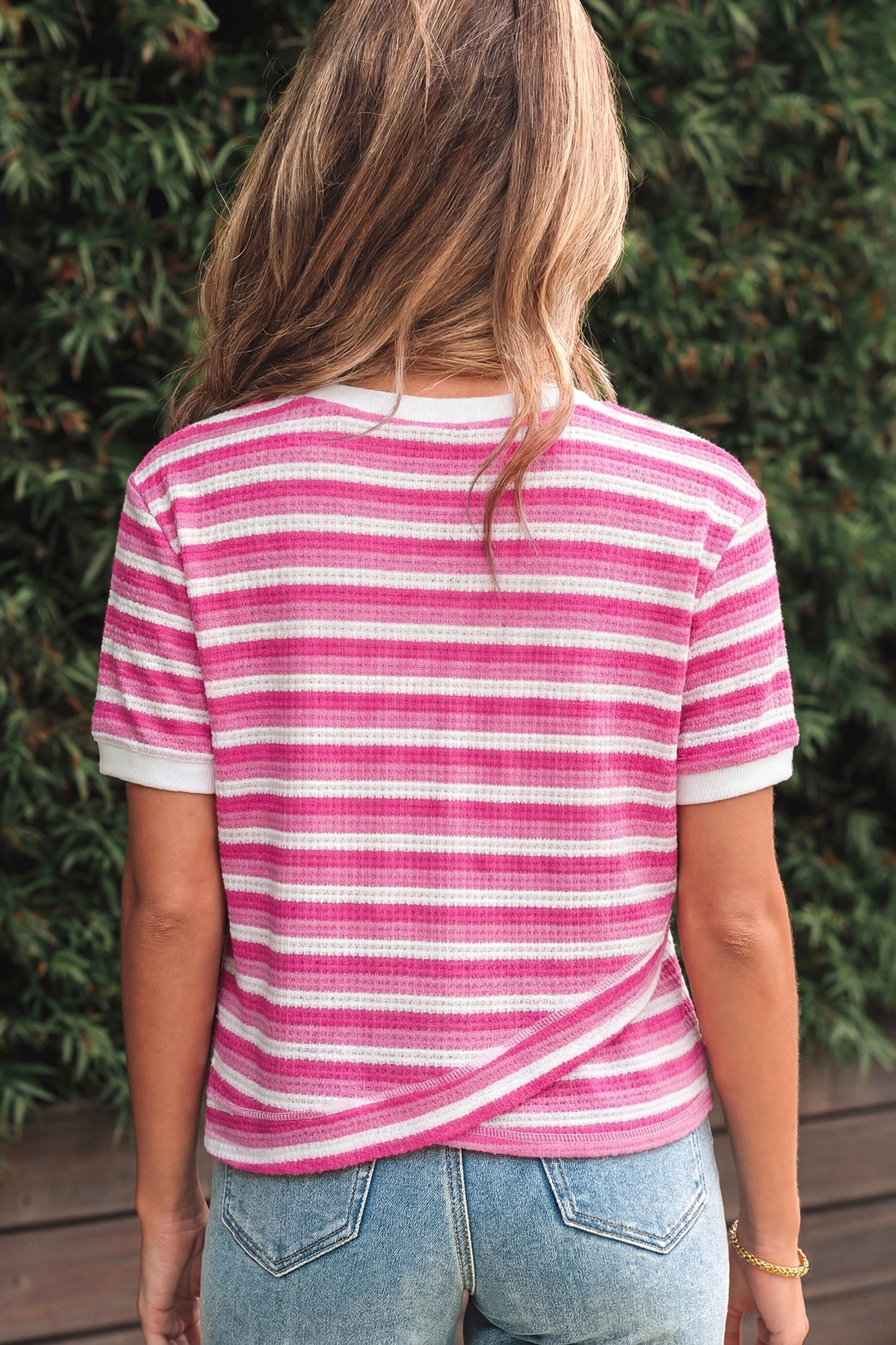 Sachet Pink Textured Knit Short-Sleeved Crossed Detail Tee