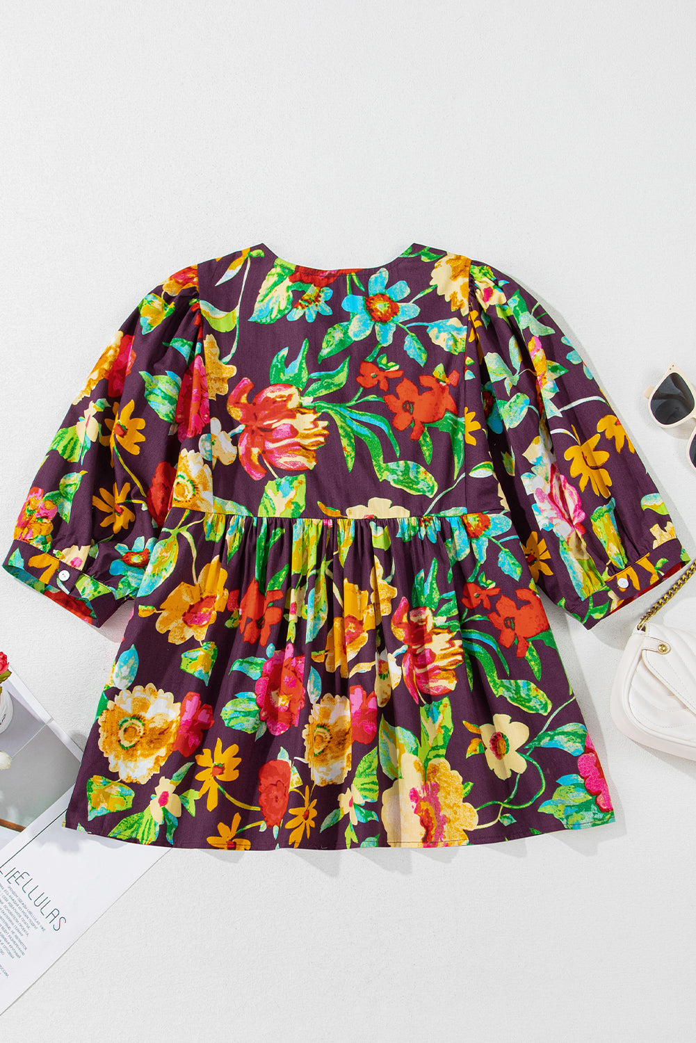 Rose Flower Embroidered Trim Half Sleeve Blouse