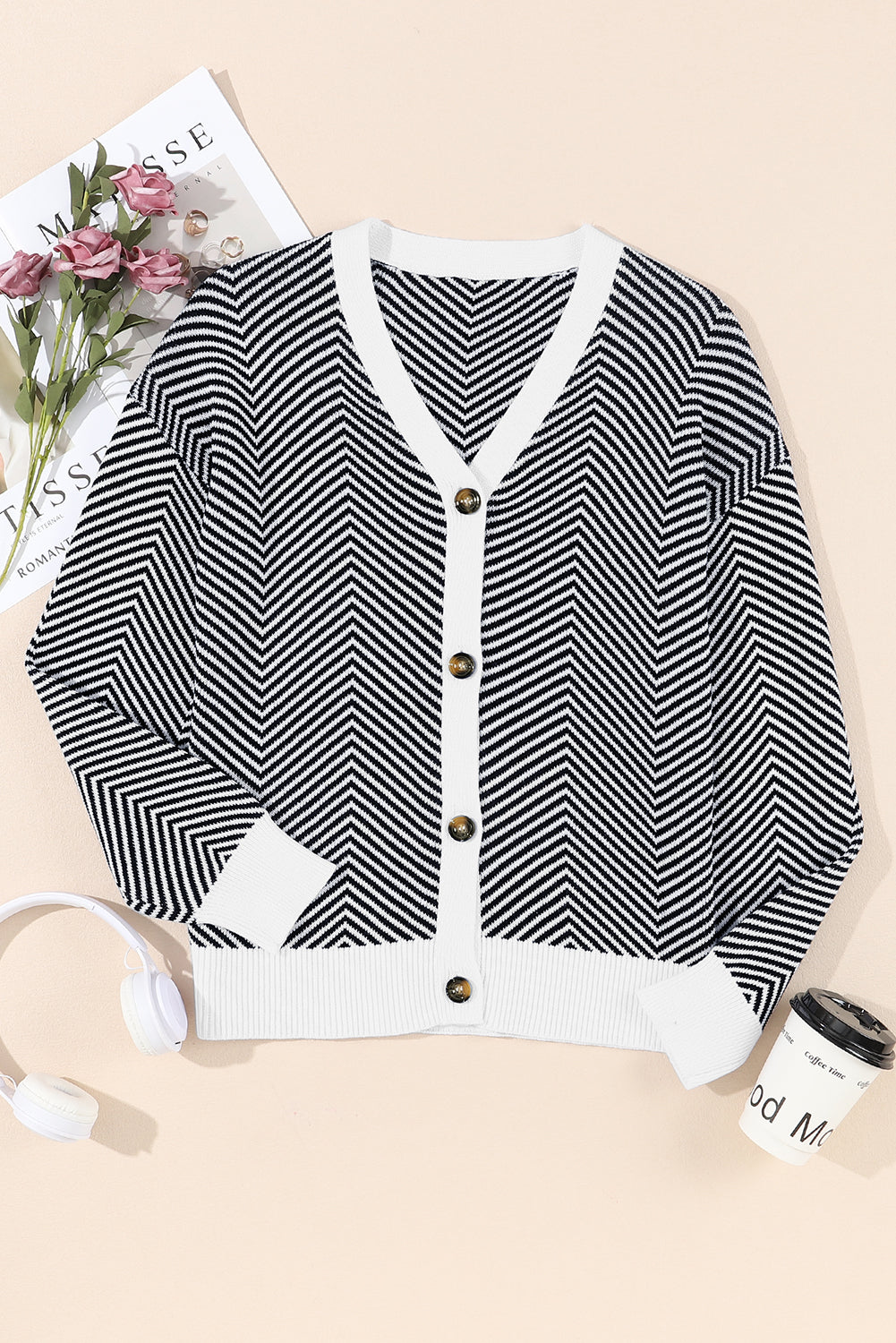 Stripe Herringbone Button-Front V-Neck Cardigan in Black
