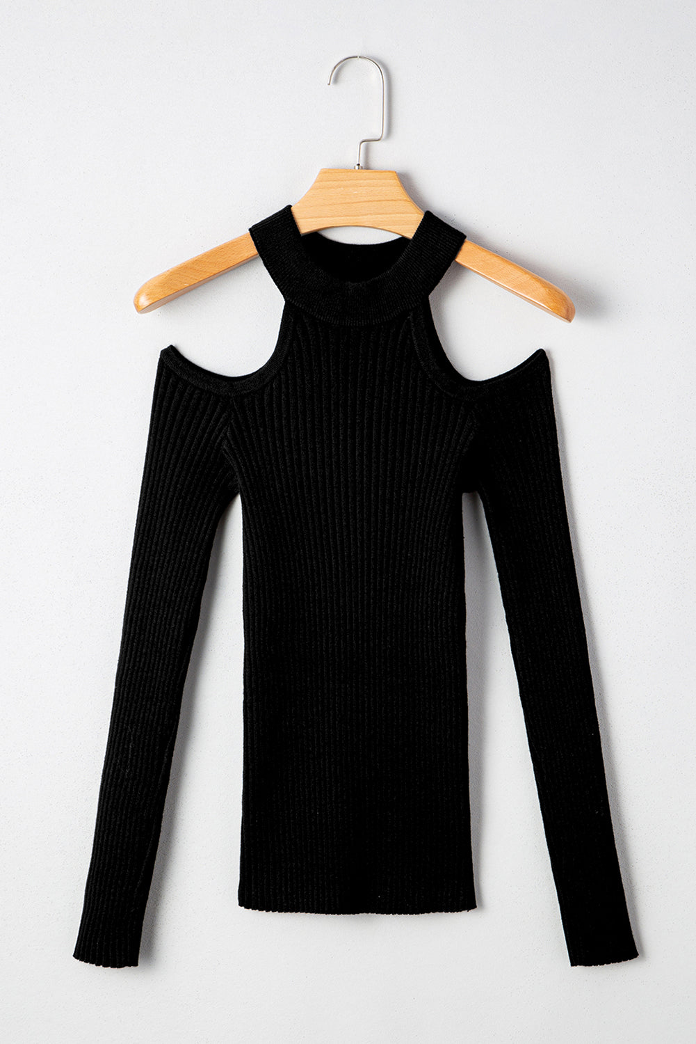 Cold Rib-Knit Knit Shoulder Choker Neck Knit Top in Black