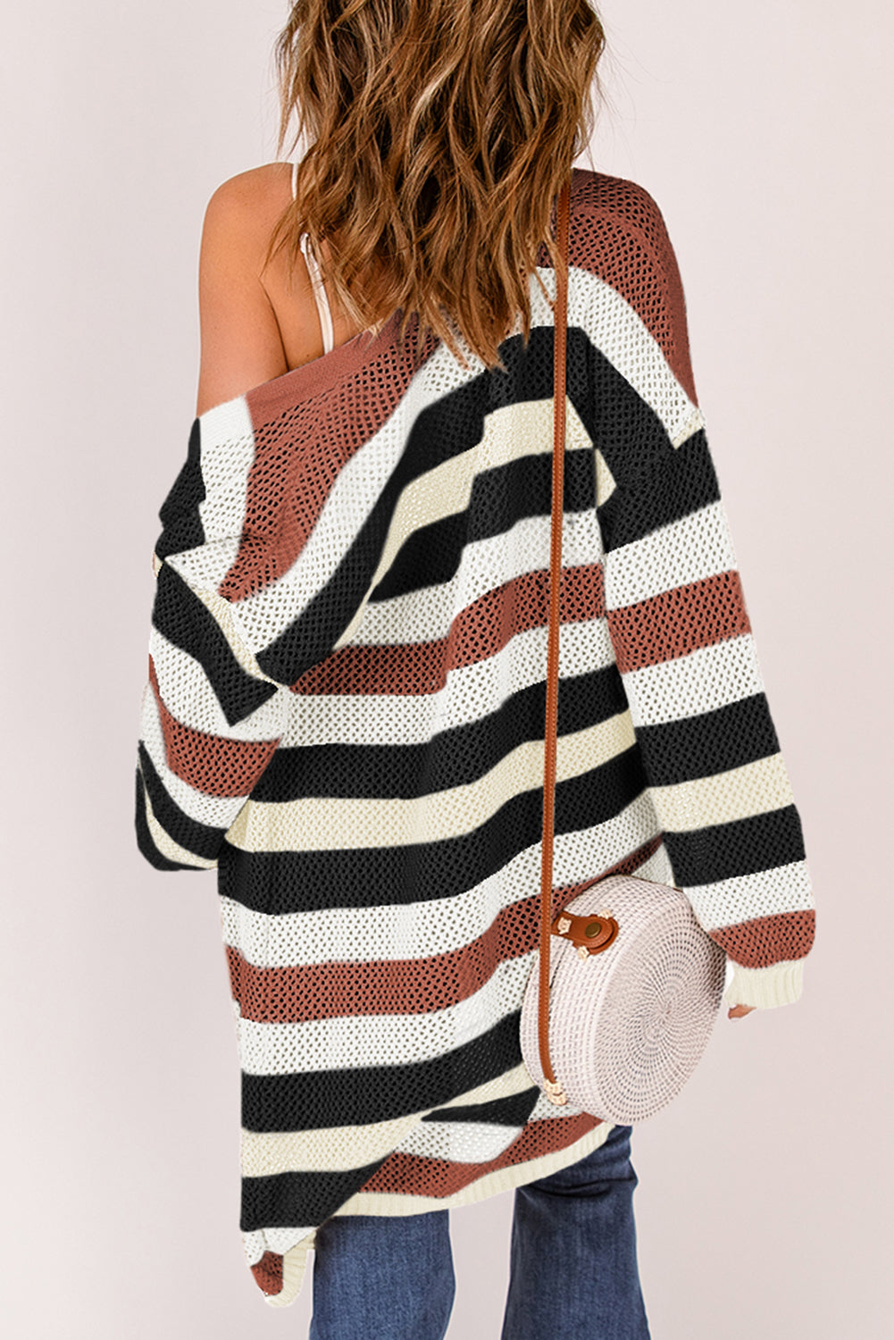 Women's Knit Cardigan with Striped Hollowed