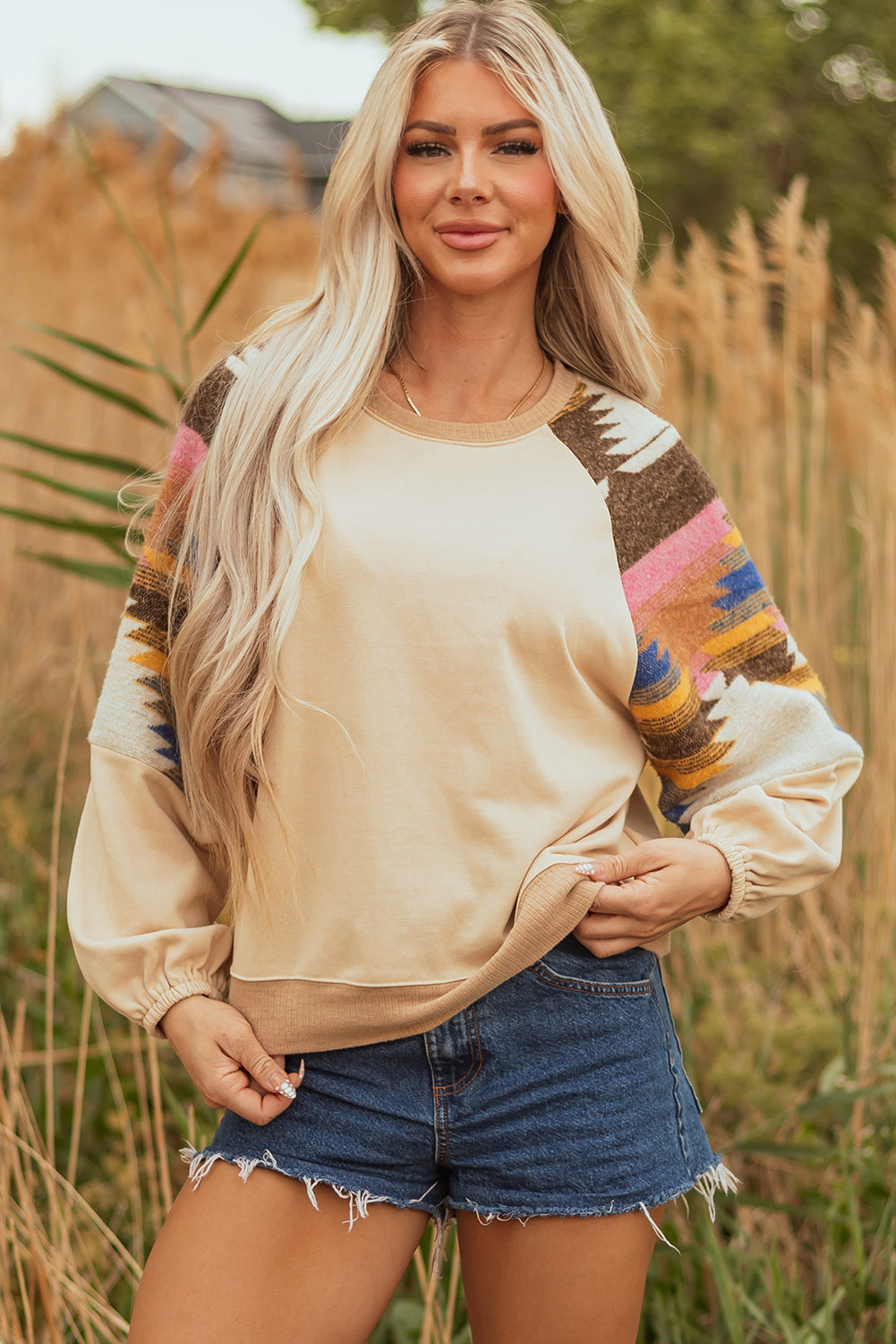 Aztec Patchwork Raglan Pullover Sweatshirt