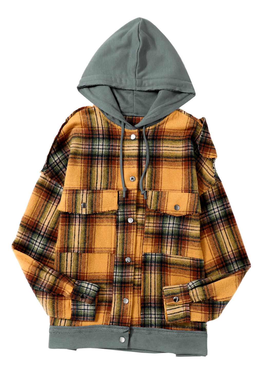 Women's Jacket with Plaid Hooded Frayed Snap