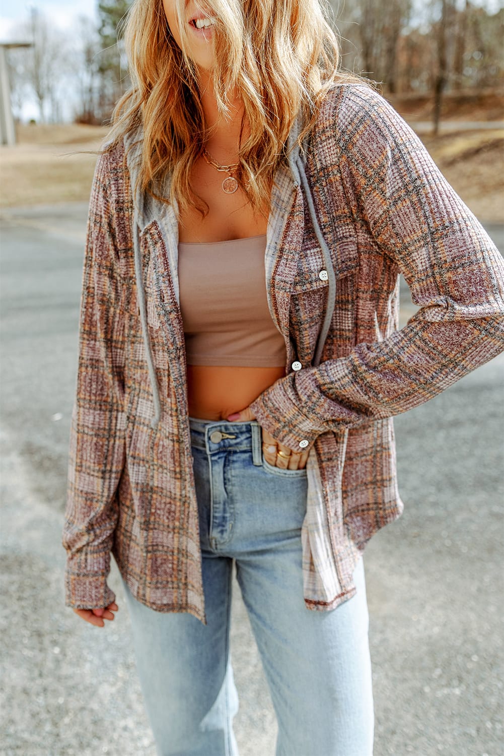 Women's Shacket with Drawcord Plaid Hooded
