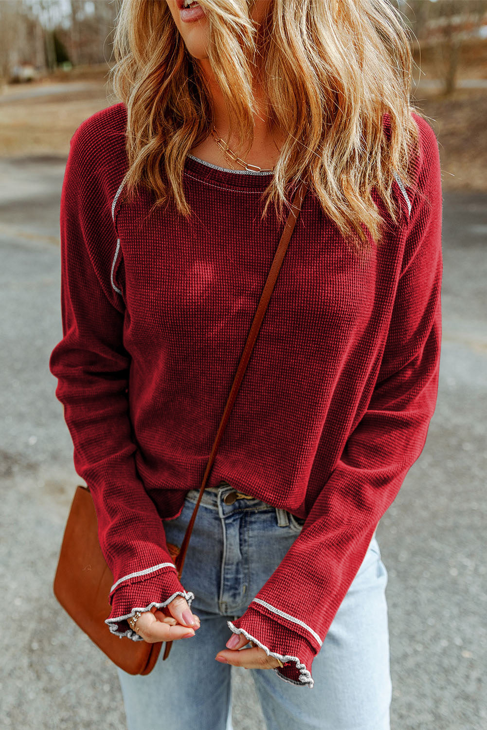 Women's Long-Sleeve Textured Round Neck Top