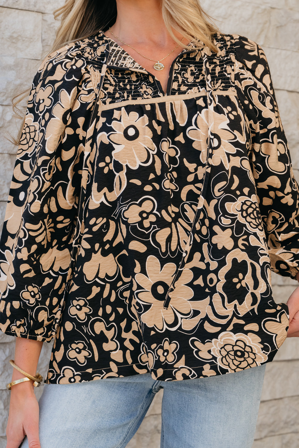 Floral Shirred Split Neck Boho Blouse