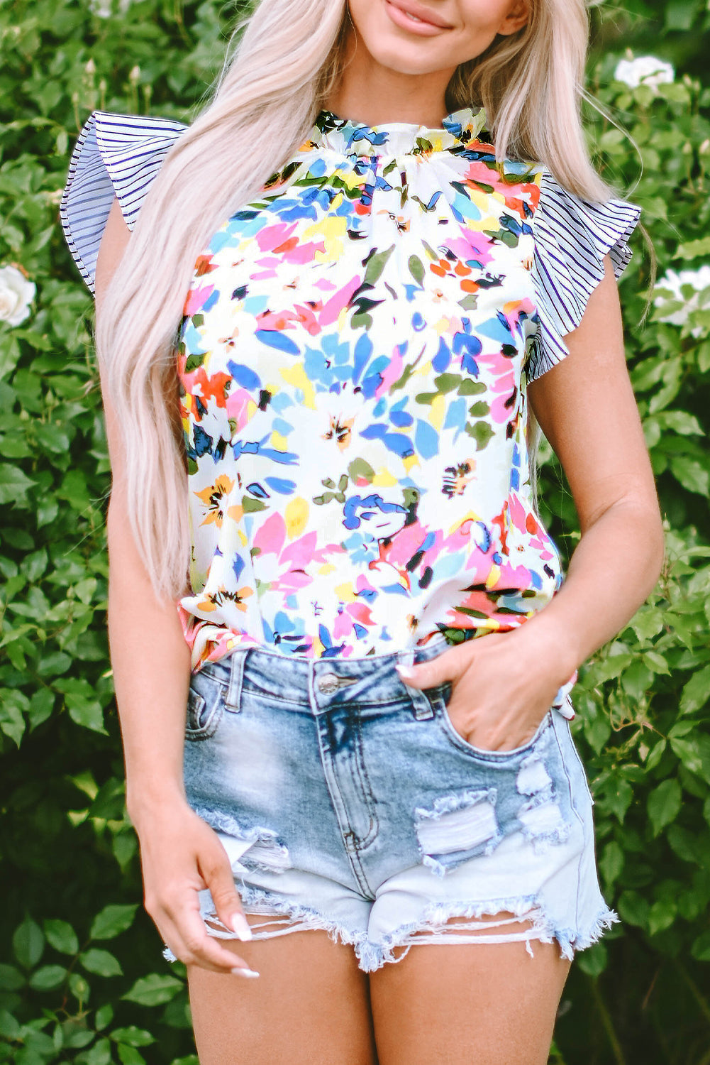 Women's Blouse with Floral-Print Print Striped Ruffle-Trimmed Sleeve