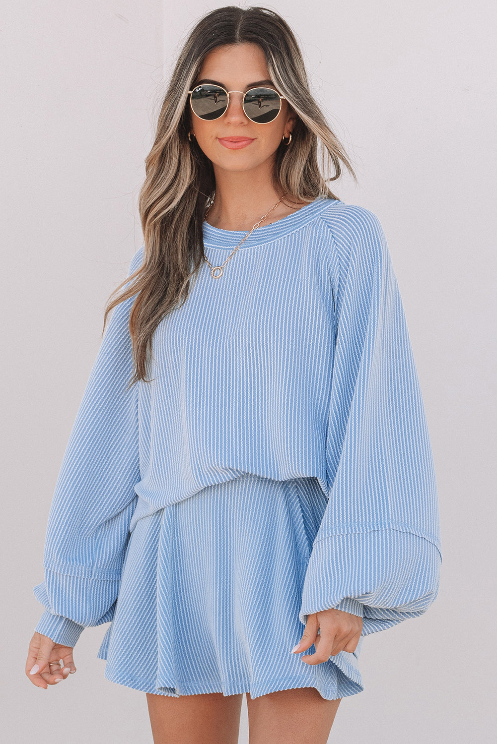 Sleeve Corded Lantern Top High-Waisted Ruffled Mini Skort Set in Sky Blue