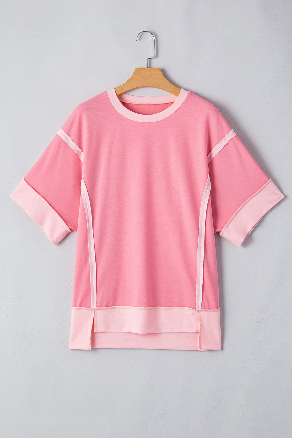 Pink Half Sleeve Raw Seam High Low Side Split Top