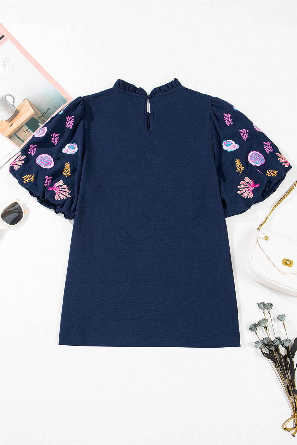 Sail Blue Shellfish Coral Embroidery Frilled Neck Blouse
