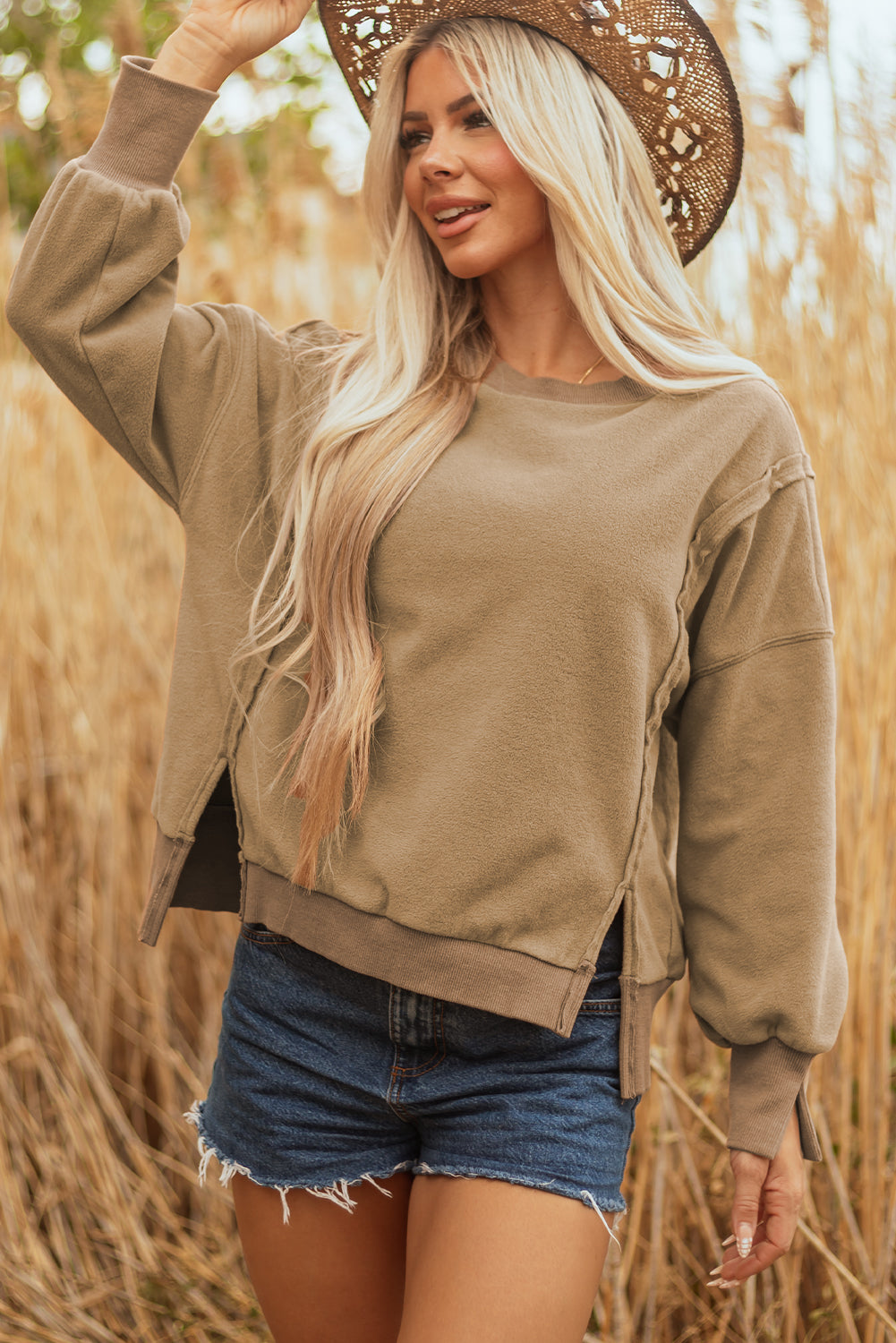 Fuzzy Sherpa Splicing Pullover Sweatshirt with Side Slit
