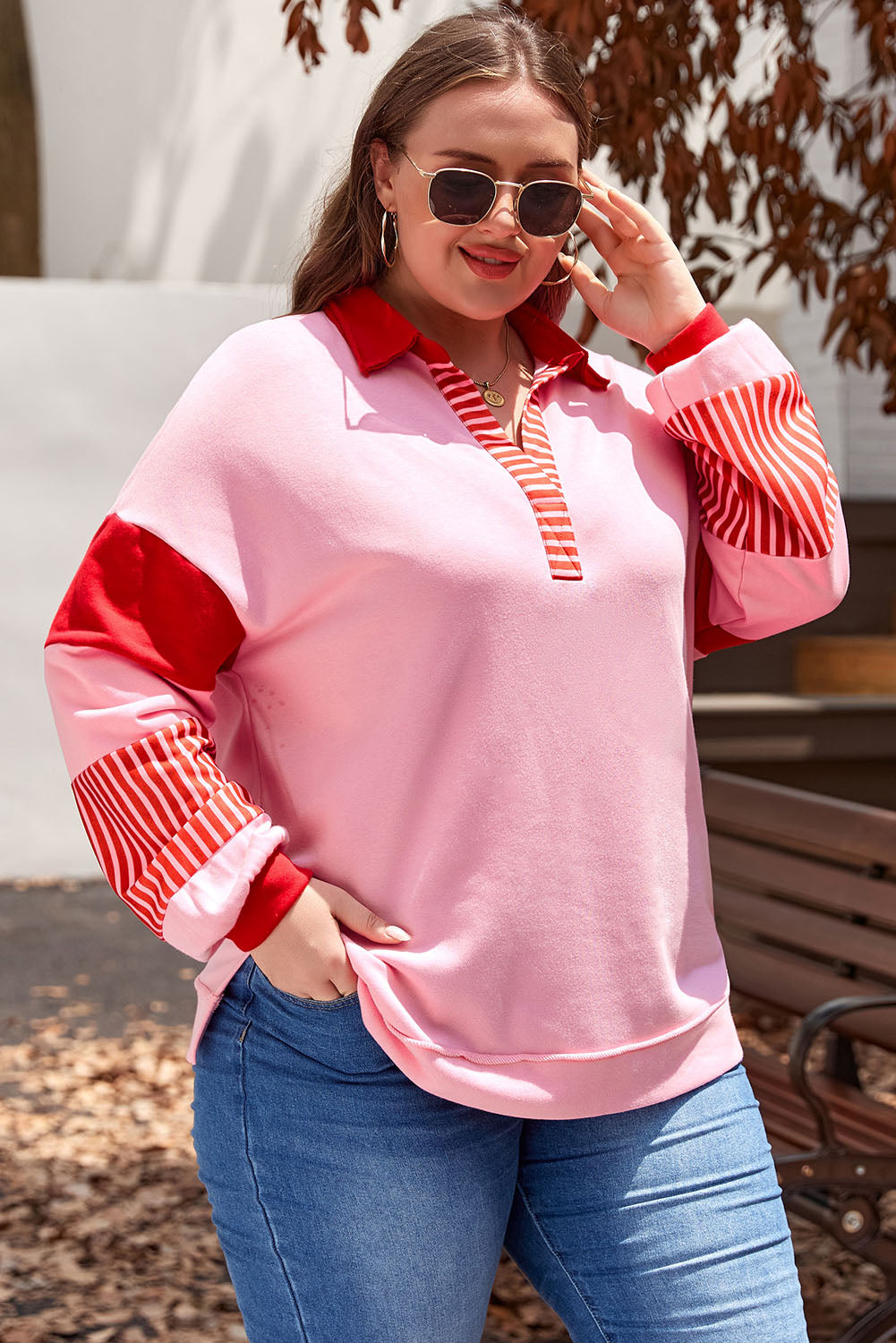 Women's Sweatshirt Featuring Size Side Split Collared Plus