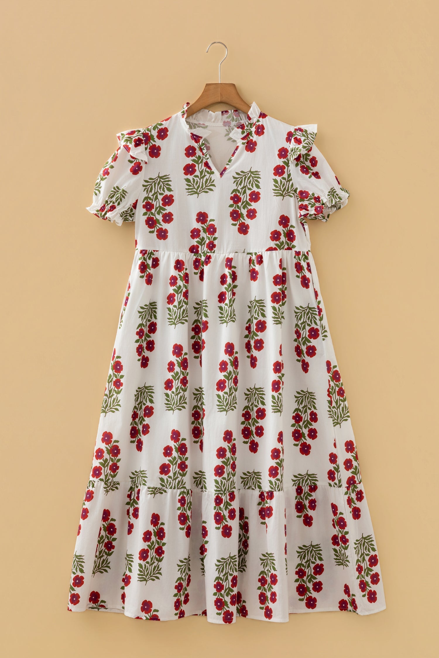 V-Neck 3/4 Floral-Print 3/4 Sleeve Loose Mini Dress in White