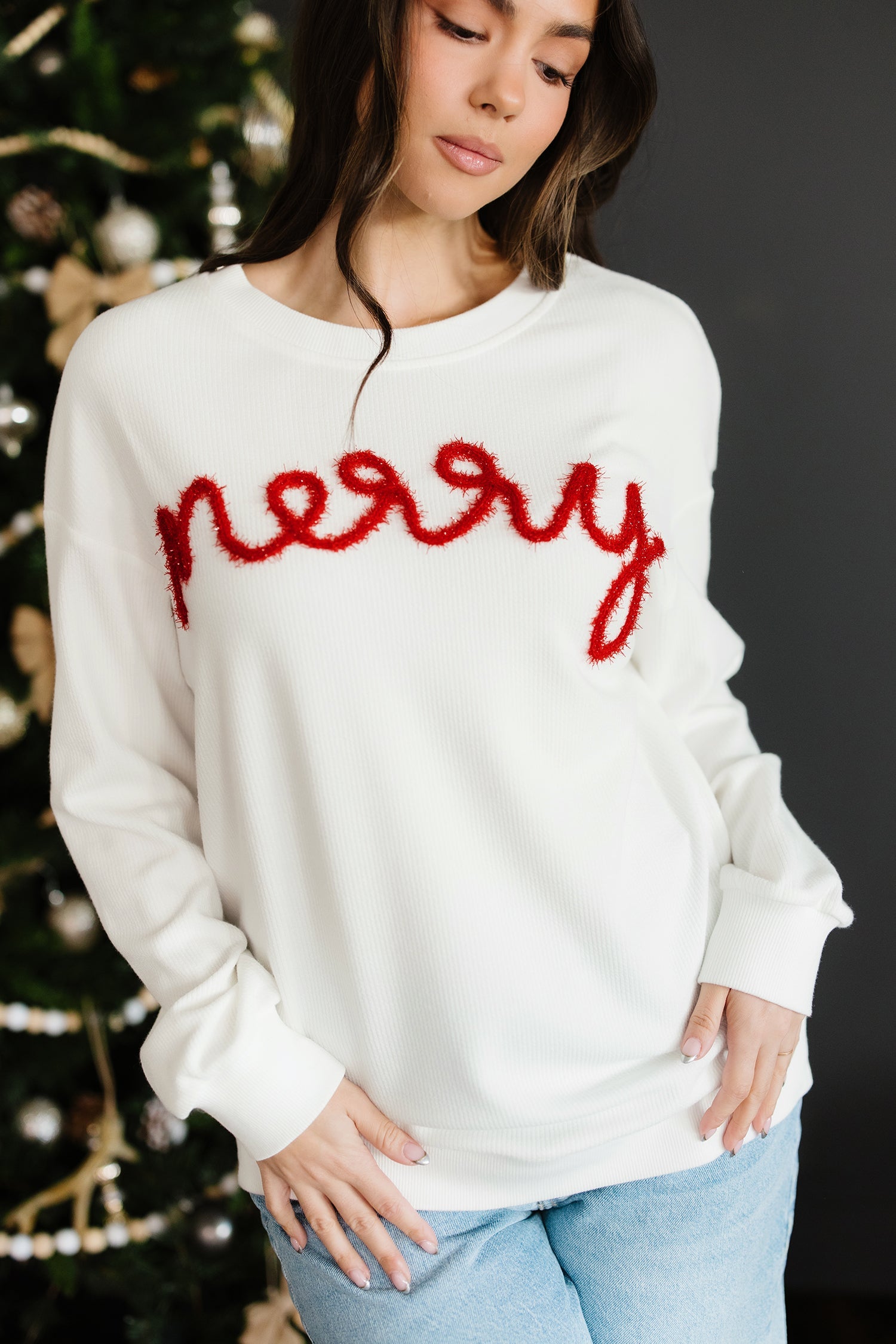 Merry Embroidery Tinsel Letter Rib-Knit Drop-Shoulder Sweatshirt