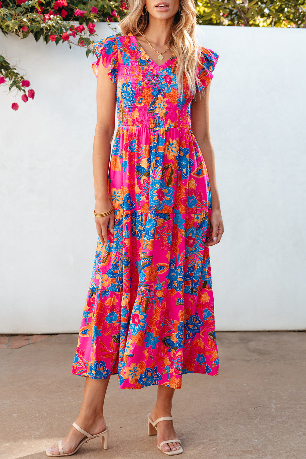 Women's Dress with Floral-Print Ruffle-Trimmed Layered Long Bohemian