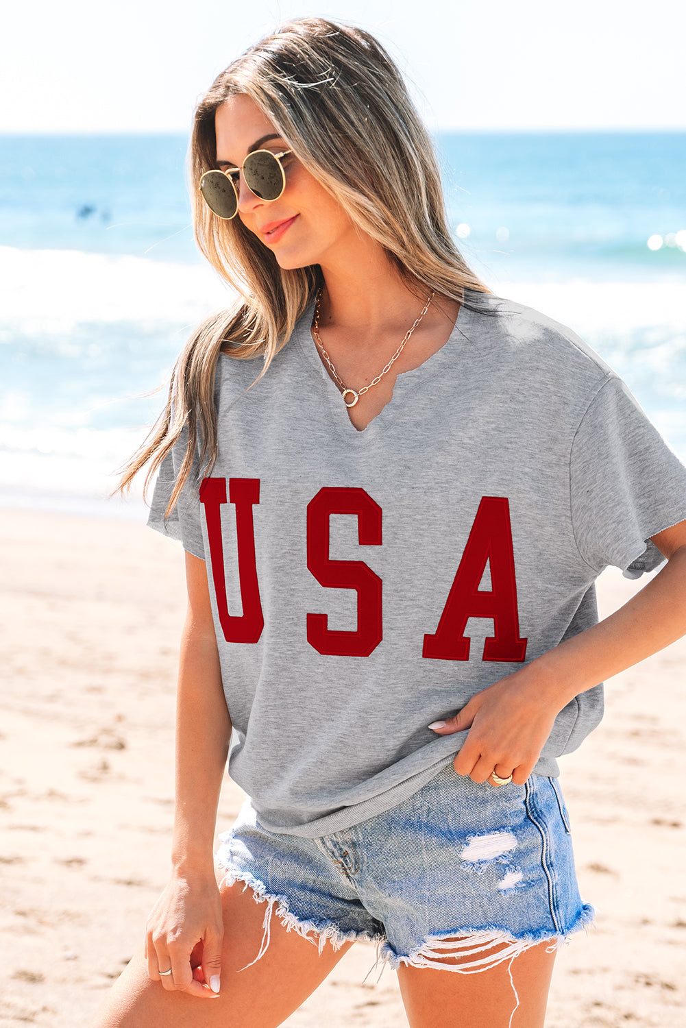 Grey USA Lettering Patch Notched Neck Loose Tee