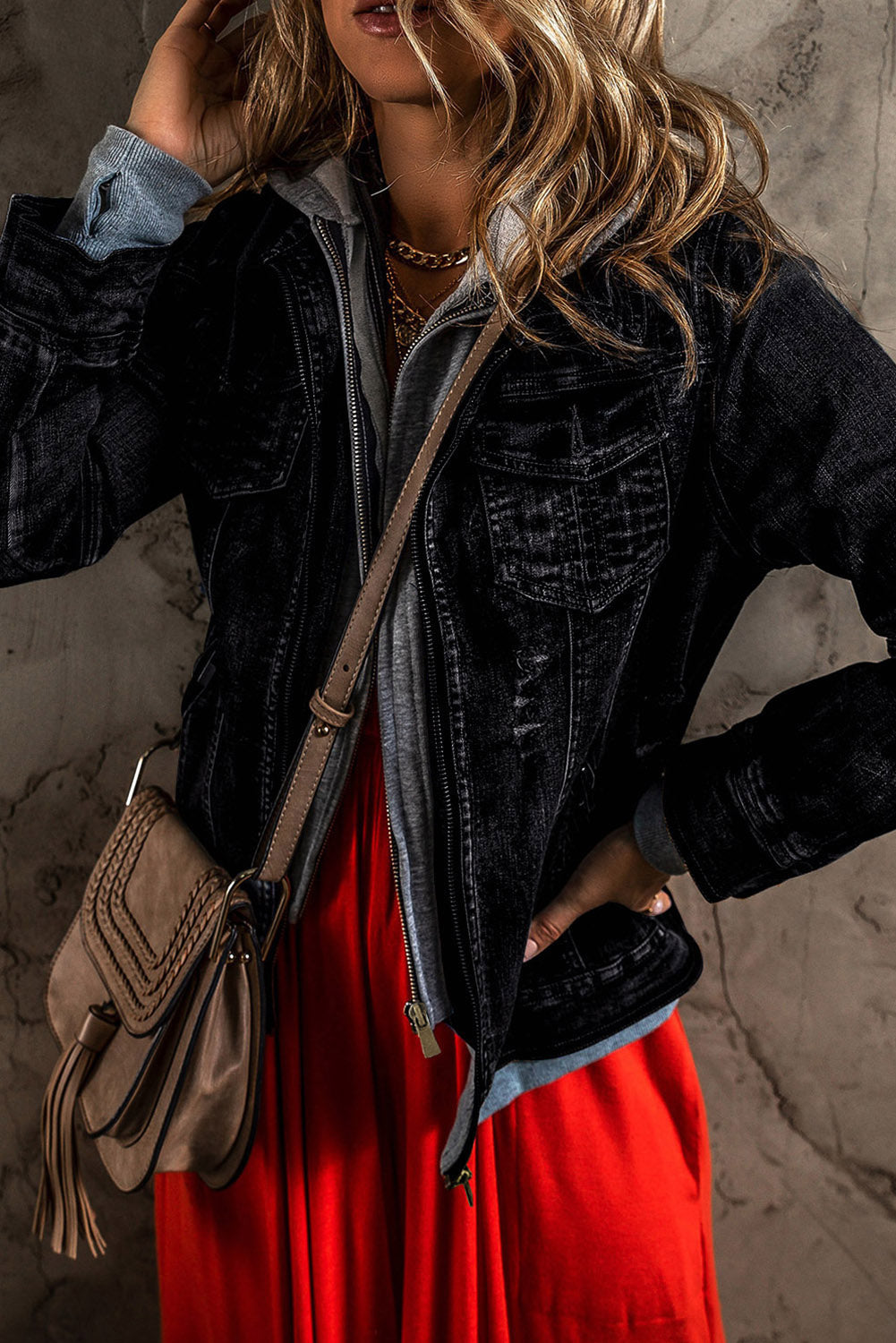 Denim Jacket for Women Hooded Zip-Front