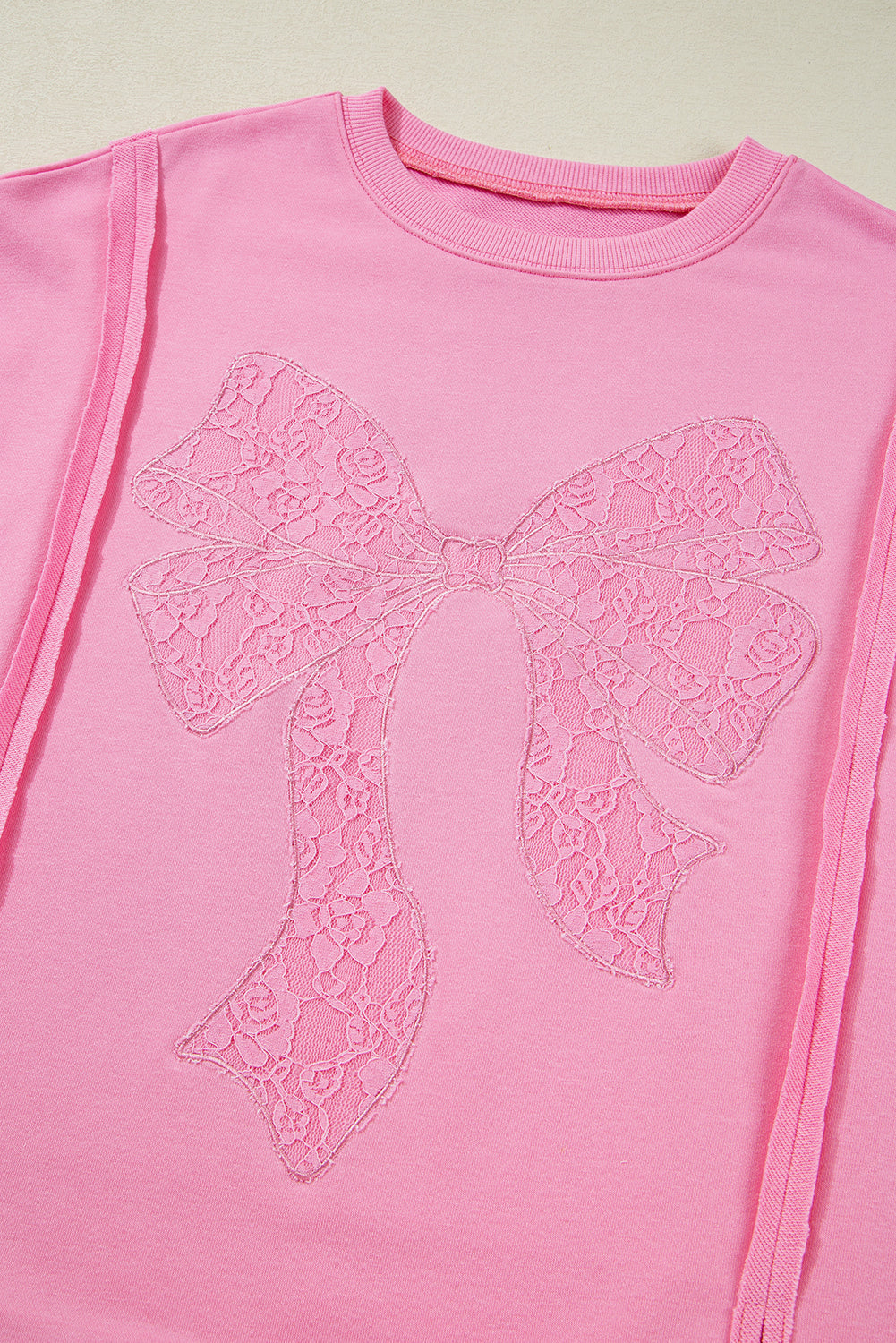 Lace Insert Bow Embroidered Exposed Seam Sweatshirt