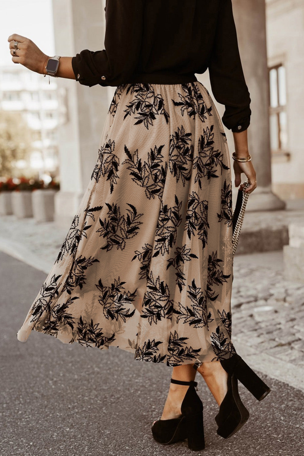 Women's Skirt Featuring Floral-Print Leaves High-Rise Maxi