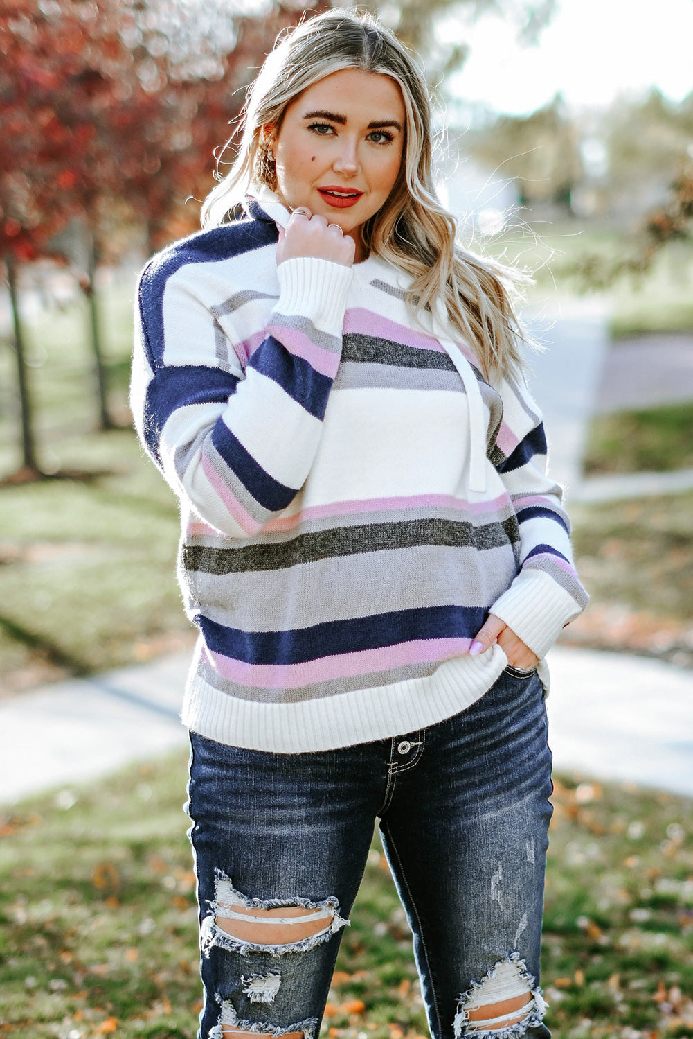 Women's Knit Sweater Featuring Striped Hooded Plus Size