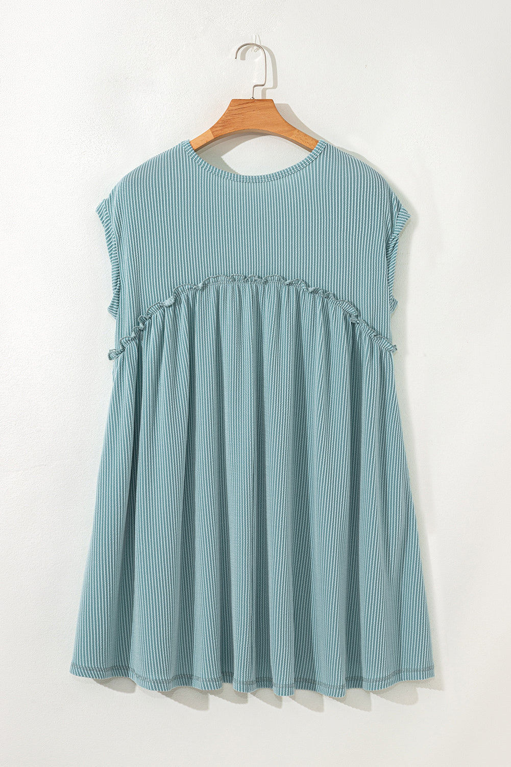 Knit Textured Corded Textured Patched Pocket Frilled Swing Mini Dress Featuring Pockets